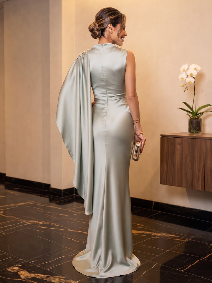 Satin Sheath Cowl Neck Floor Length Ruched Military Ball Dresses