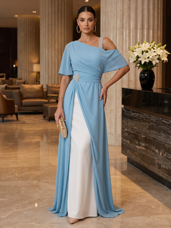 Chiffon A Line One Shoulder Floor Length Color Blocked Military Ball Dresses