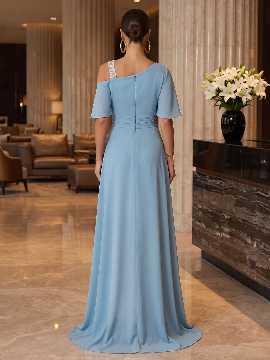 Chiffon A Line One Shoulder Floor Length Color Blocked Military Ball Dresses