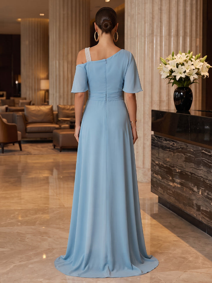 Chiffon A Line One Shoulder Floor Length Color Blocked Military Ball Dresses