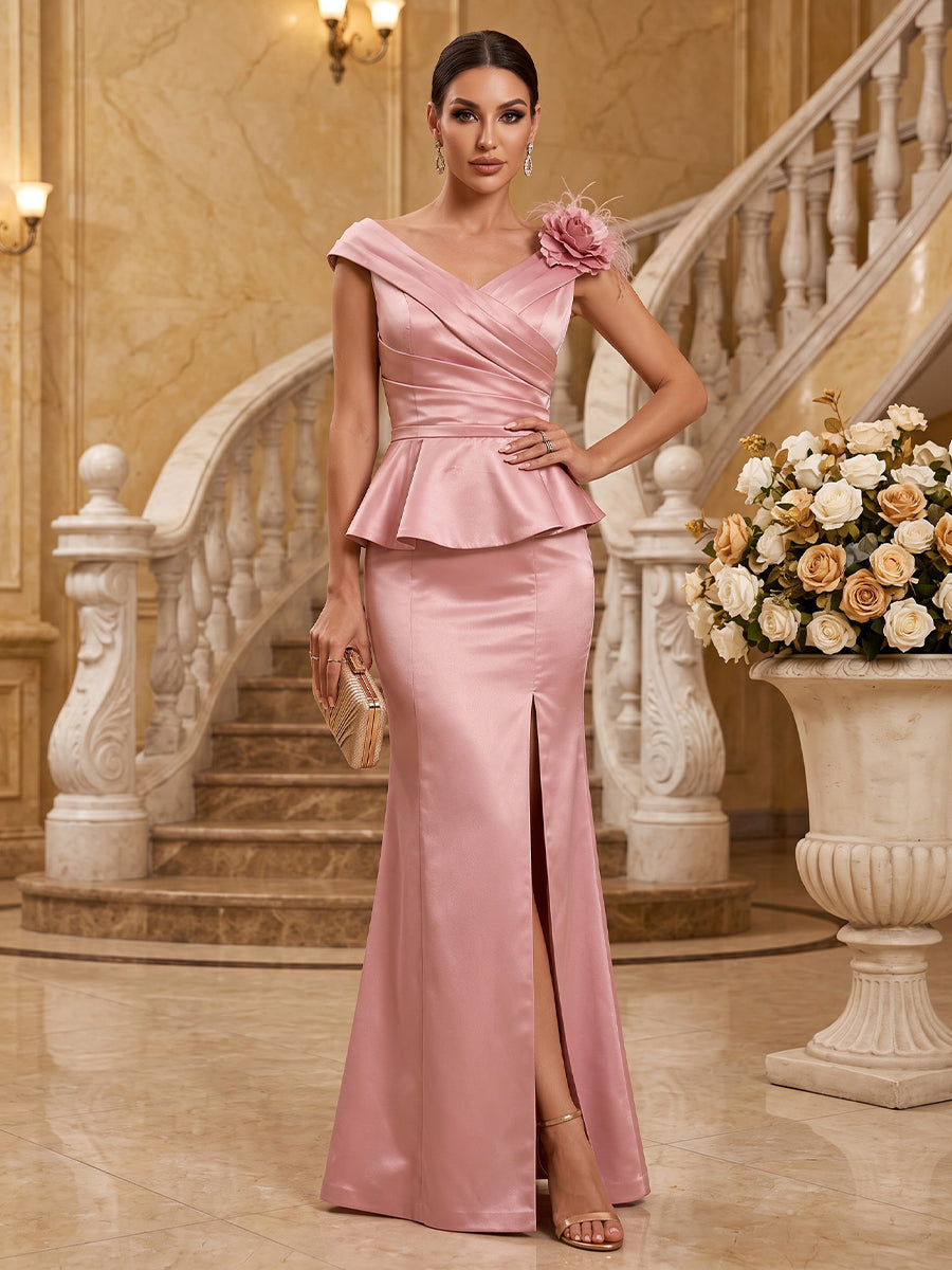 Satin Mermaid Off the Shoulder Floor Length Ruched Military Ball Dresses with 3D Floral Applique