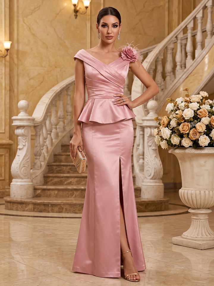Satin Mermaid Off the Shoulder Floor Length Ruched Military Ball Dresses with 3D Floral Applique