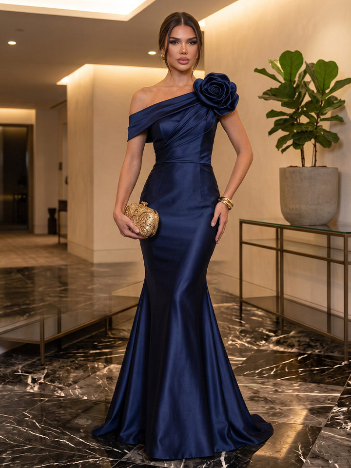 Satin Mermaid One Shoulder Floor Length Ruched Military Ball Dresses