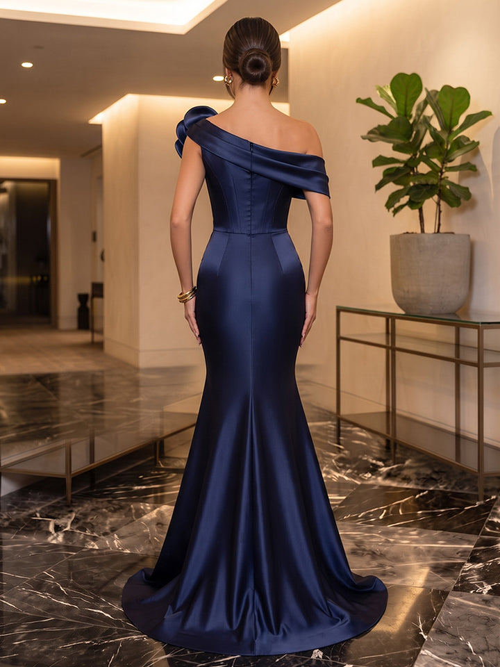 Satin Mermaid One Shoulder Floor Length Ruched Military Ball Dresses
