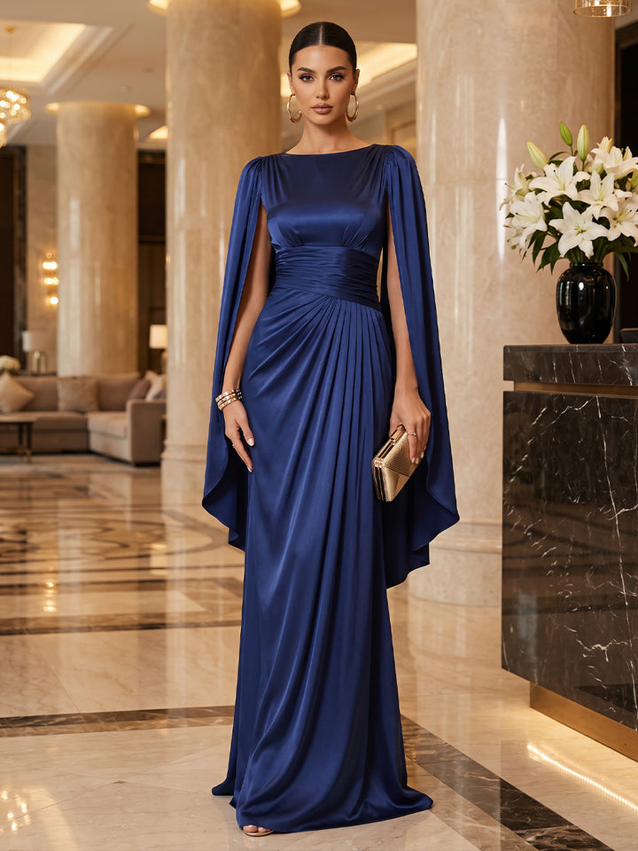 Satin A Line Jewel Neck Floor Length Cape Sleeve Military Ball Dresses