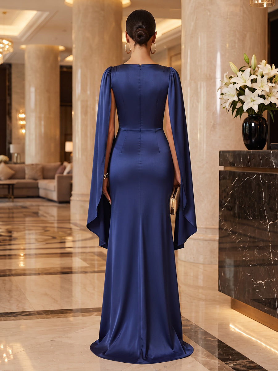 Satin A Line Jewel Neck Floor Length Cape Sleeve Military Ball Dresses