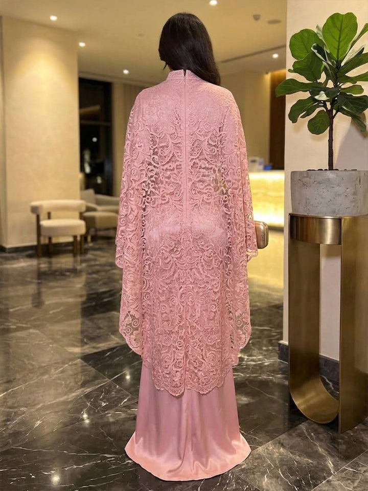 Satin Sheath High Neck Floor Length Lace Military Ball Dresses with Cape