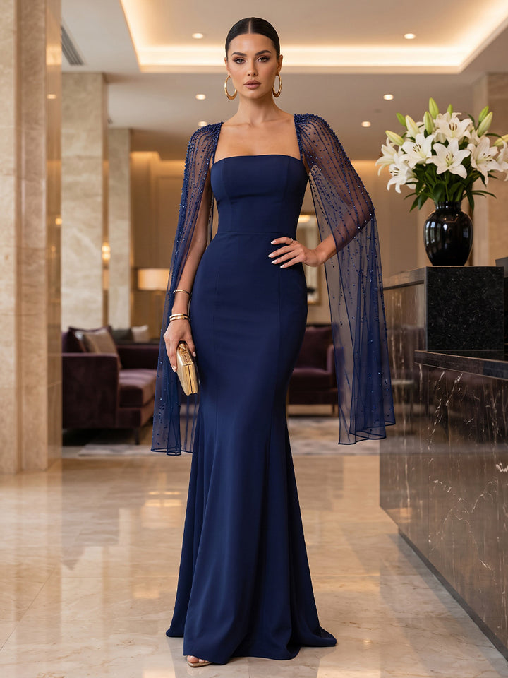 Satin Mermaid Square Neck Floor Length Cape Sleeve Military Ball Dresses