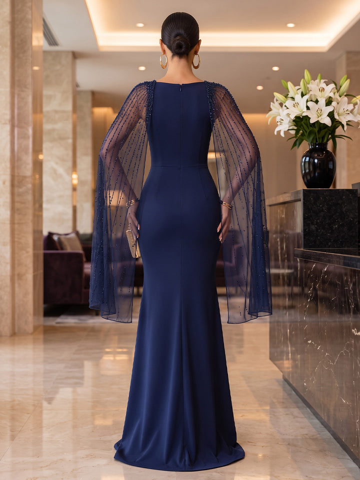 Satin Mermaid Square Neck Floor Length Cape Sleeve Military Ball Dresses
