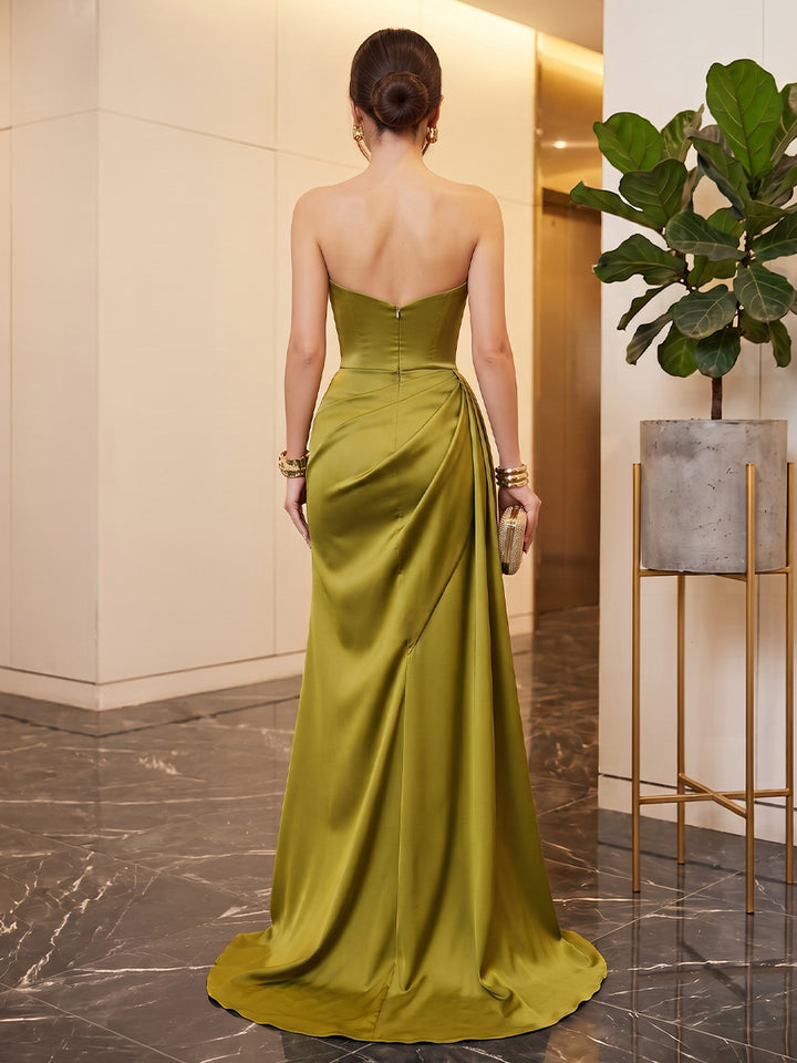 Satin Sheath Strapless Floor Length Ruched Military Ball Dresses with Slit