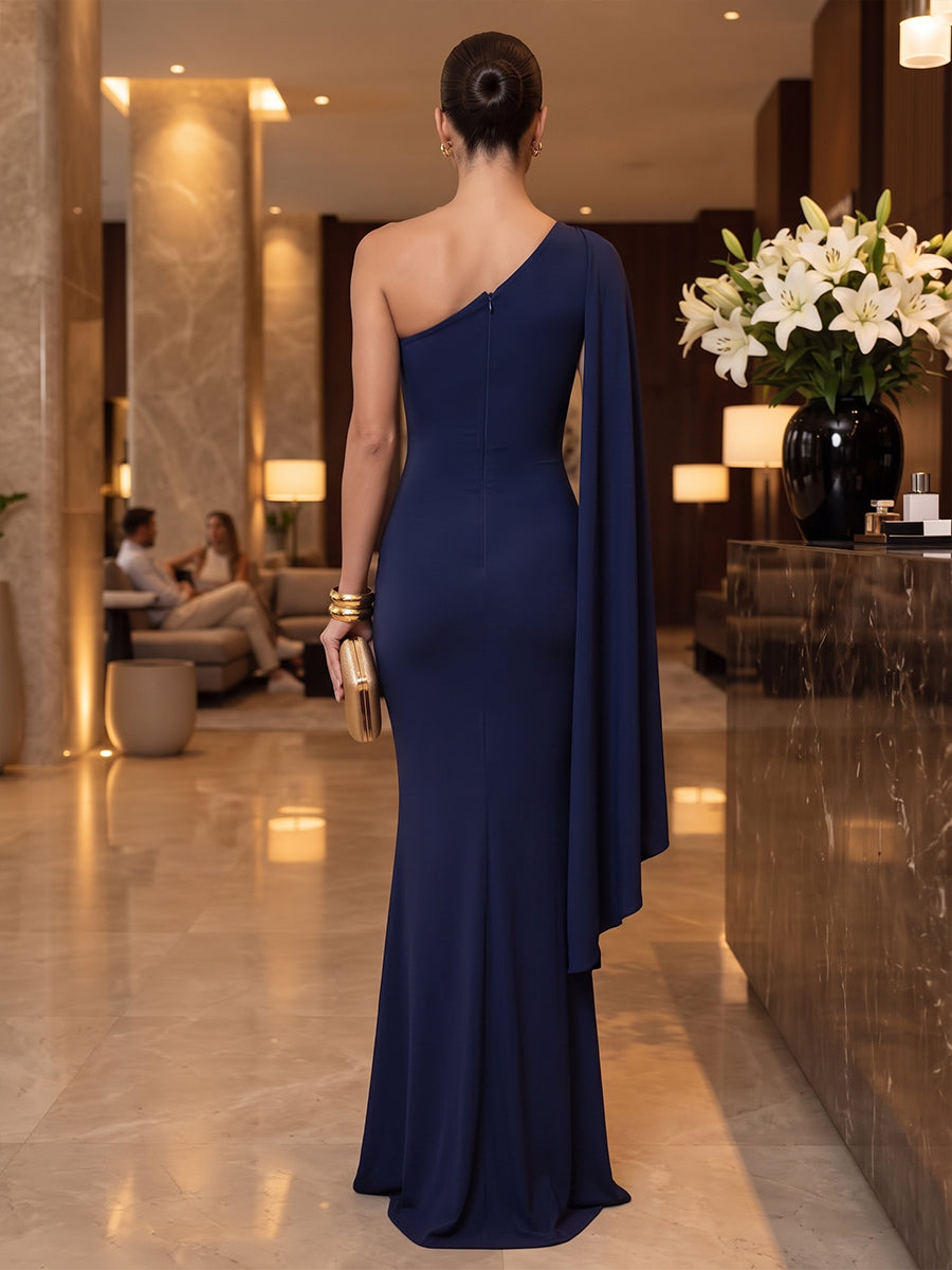 Satin Mermaid One Shoulder Floor Length Fitted Bodycon Military Ball Dresses