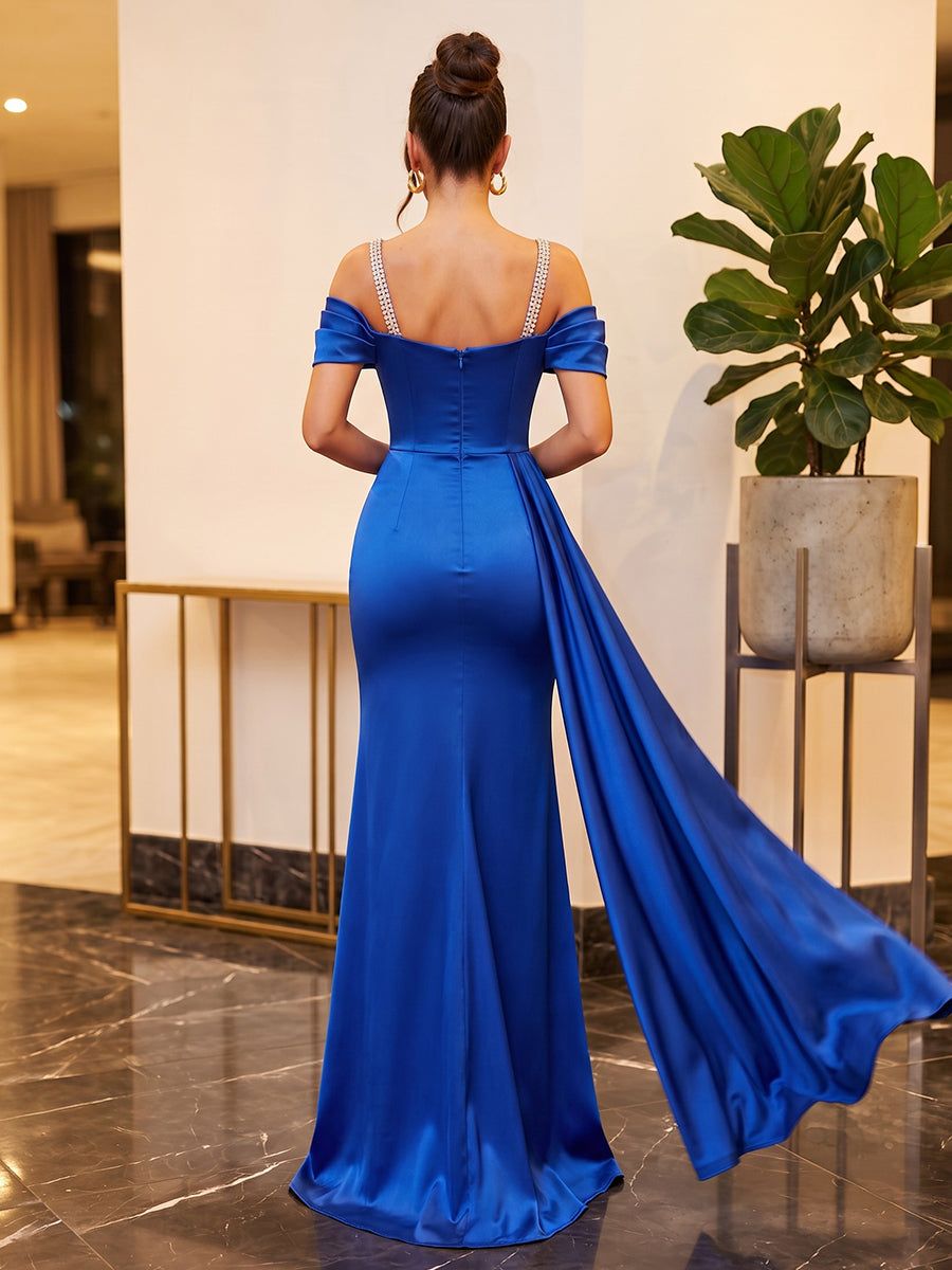 Satin Sheath Spaghetti Straps Floor Length Ruched Military Ball Dresses with Slit