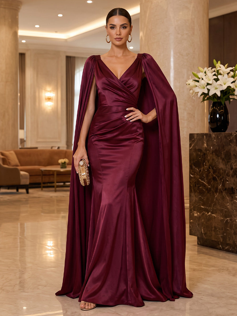 Satin Mermaid V Neck Floor Length Ruched Military Ball Dresses
