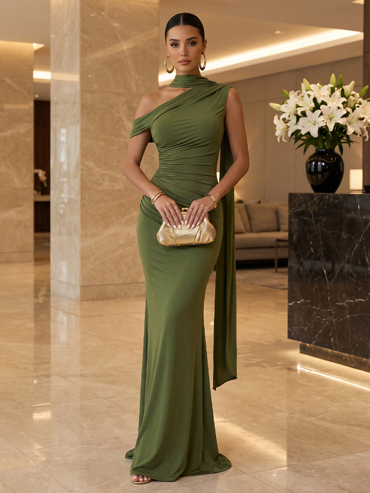Stretch Mesh Sheath One Shoulder Floor Length Ruched Military Ball Dresses with Scarf
