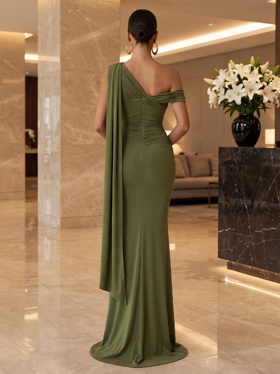 Stretch Mesh Sheath One Shoulder Floor Length Ruched Military Ball Dresses with Scarf