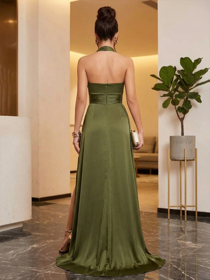 Satin Sheath Halter Floor Length Ruched Military Ball Dresses