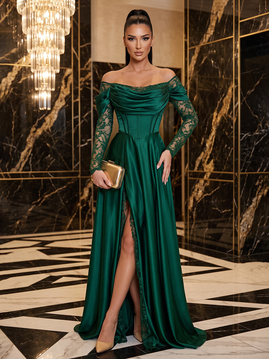 Satin A Line Off the Shoulder Floor Length Lace Military Ball Dresses