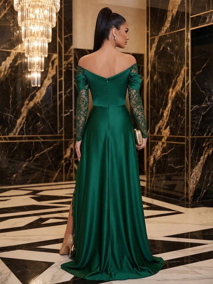 Satin A Line Off the Shoulder Floor Length Lace Military Ball Dresses