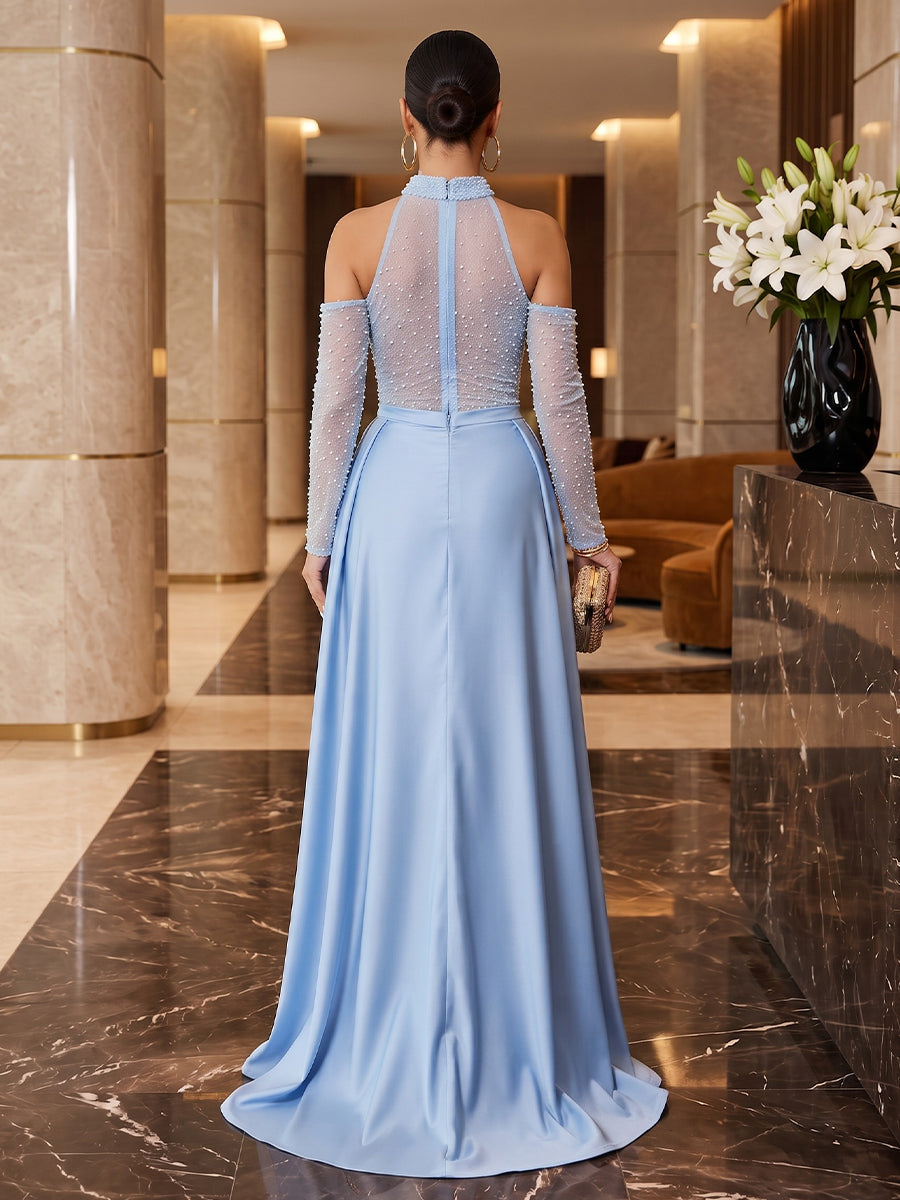Satin A Line Halter Floor Length Beading Military Ball Dresses