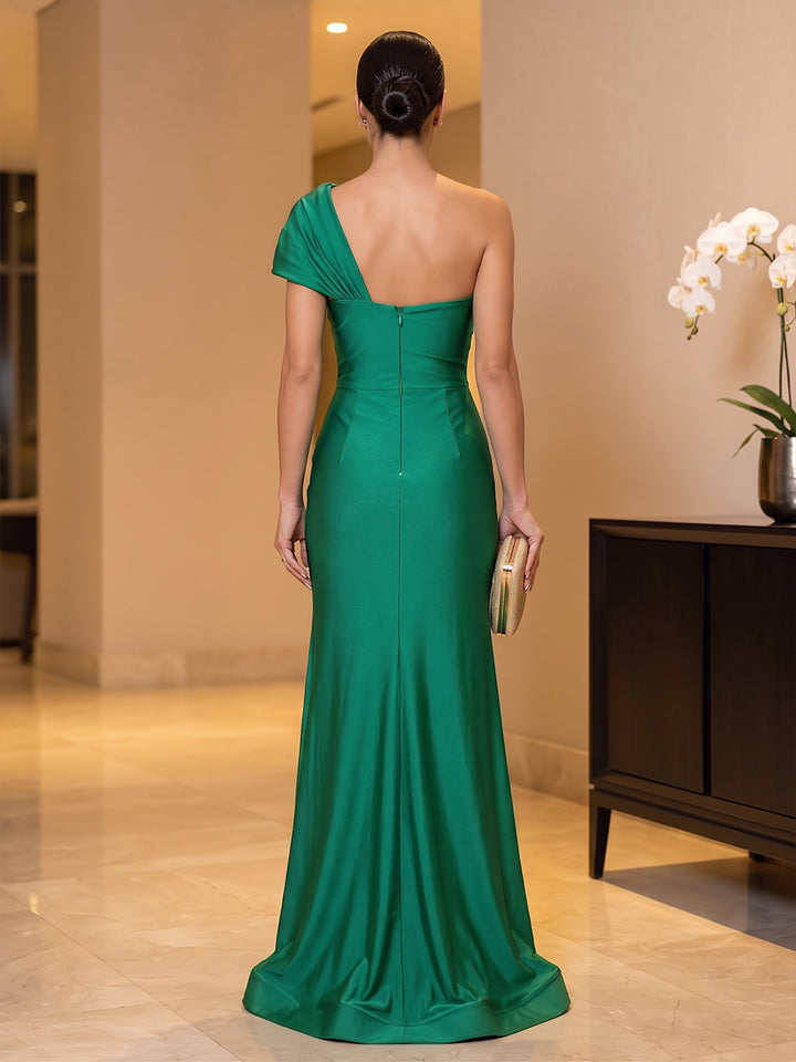 Satin Sheath One Shoulder Floor Length Ruched Military Ball Dresses