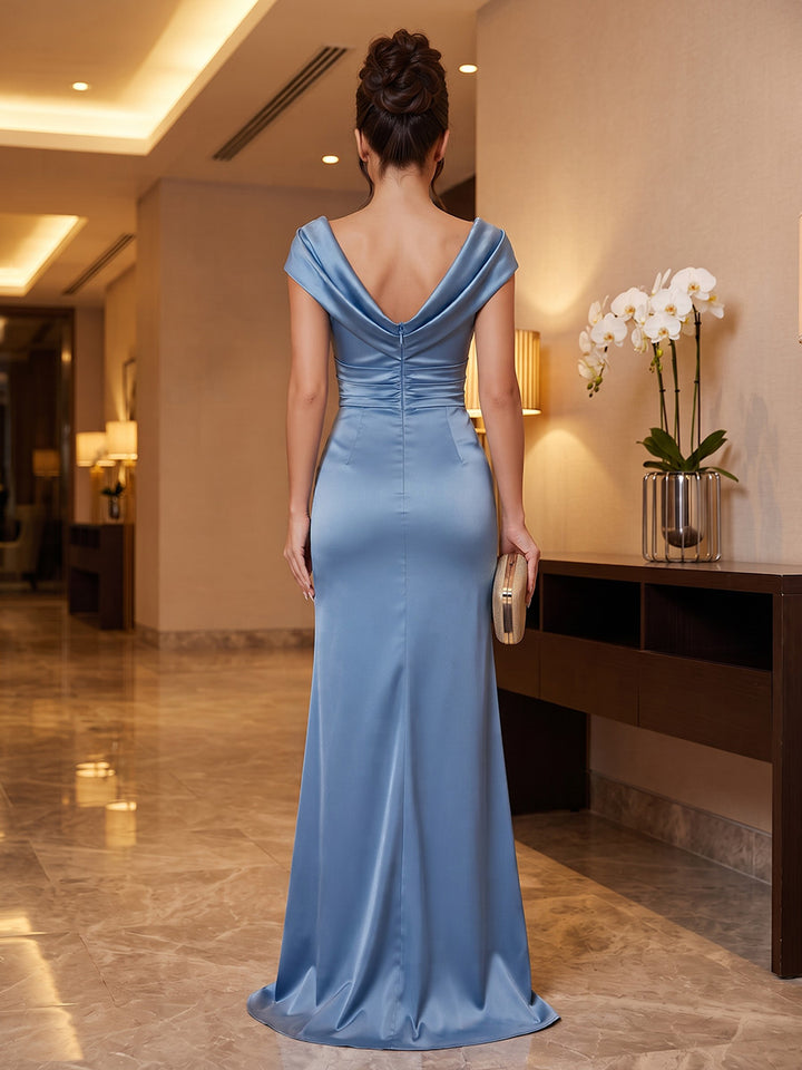 Satin Sheath Cowl Neck Floor Length Ruched Military Ball Dresses