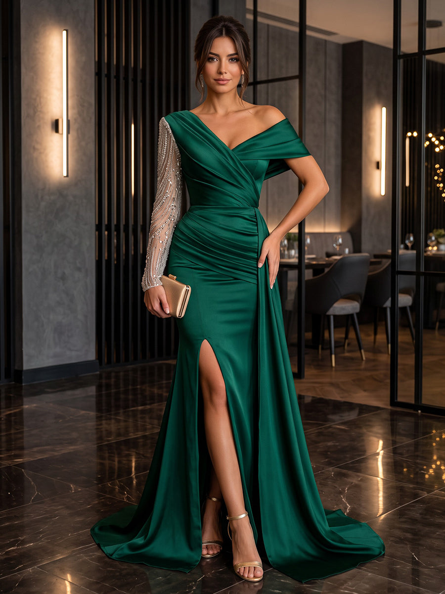 Satin Sheath One Shoulder Floor Length Ruched Military Ball Dresses
