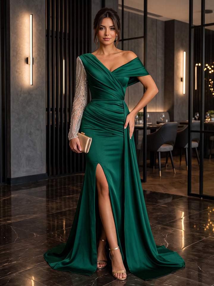Satin Sheath One Shoulder Floor Length Ruched Military Ball Dresses