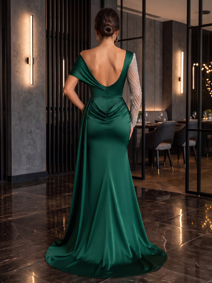 Satin Sheath One Shoulder Floor Length Ruched Military Ball Dresses