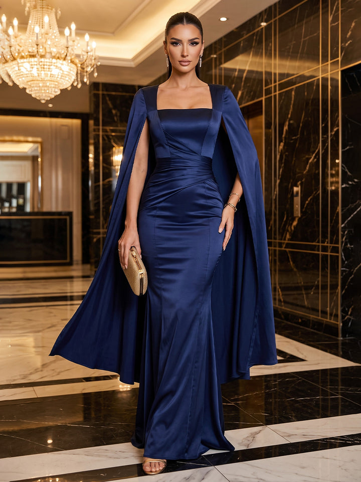 Satin Mermaid Square Neck Floor Length Ruched Military Ball Dresses with Cape