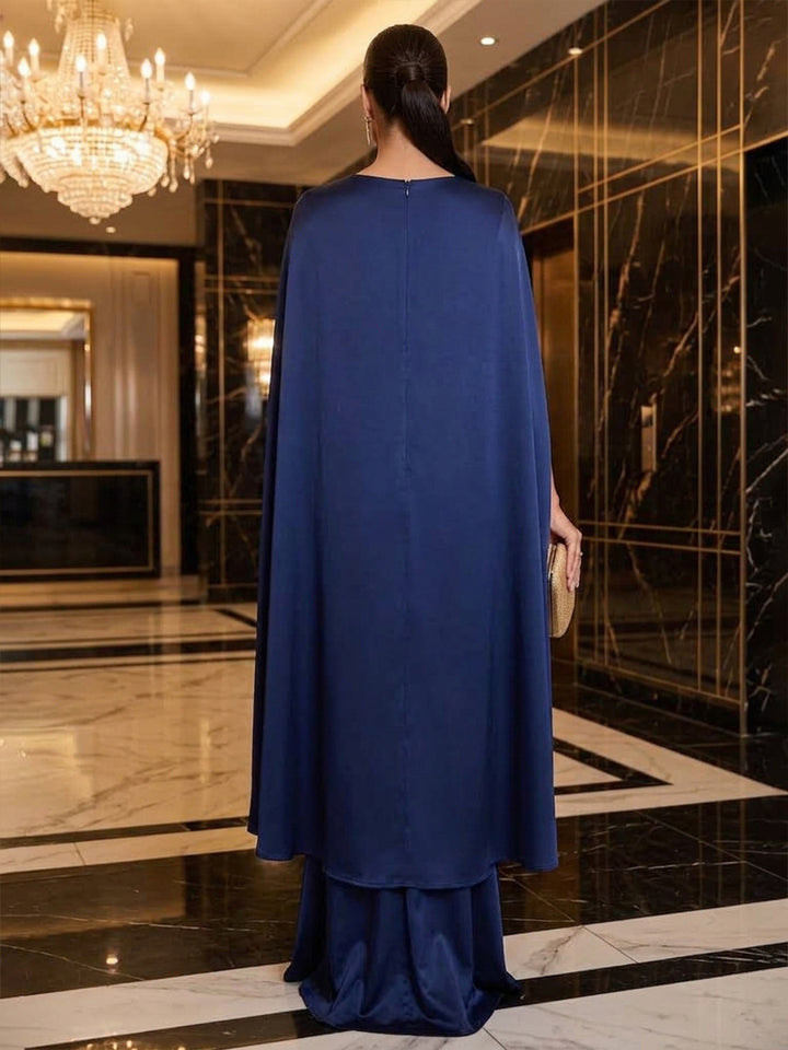 Satin Mermaid Square Neck Floor Length Ruched Military Ball Dresses with Cape