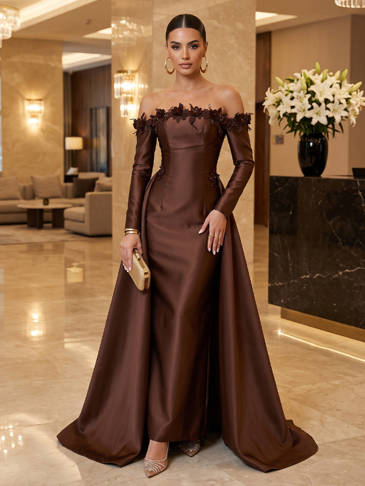 Satin Mermaid Off the Shoulder Floor Length Detachable Train Military Ball Dresses