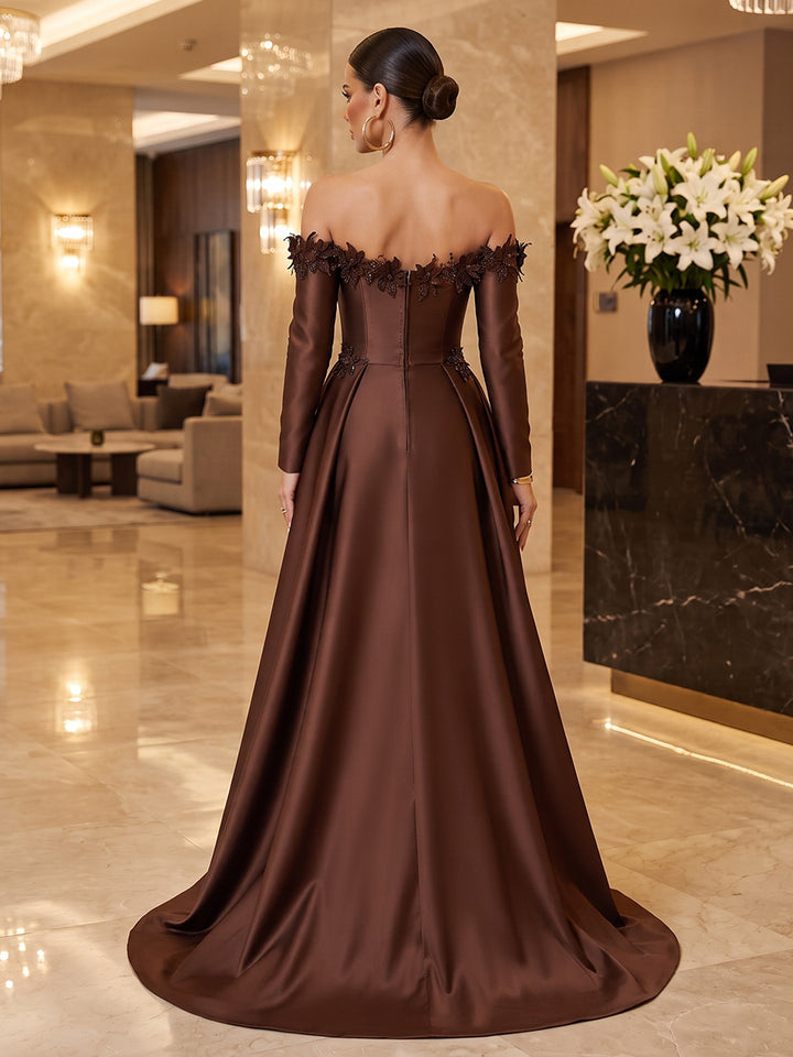 Satin Mermaid Off the Shoulder Floor Length Detachable Train Military Ball Dresses