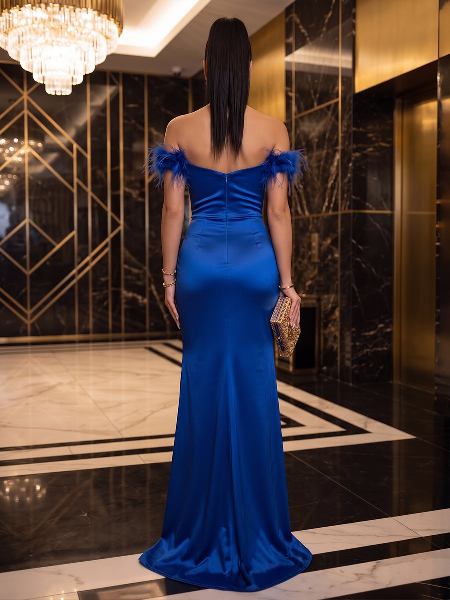 Satin Mermaid Sweetheart Floor Length Feather Military Ball Dresses