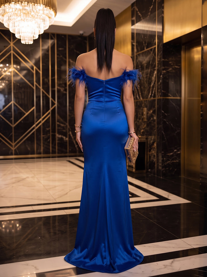 Satin Mermaid Sweetheart Floor Length Feather Military Ball Dresses