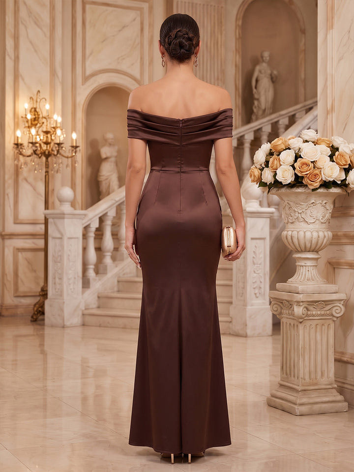 Satin Mermaid Off the Shoulder Floor Length Ruched Military Ball Dresses