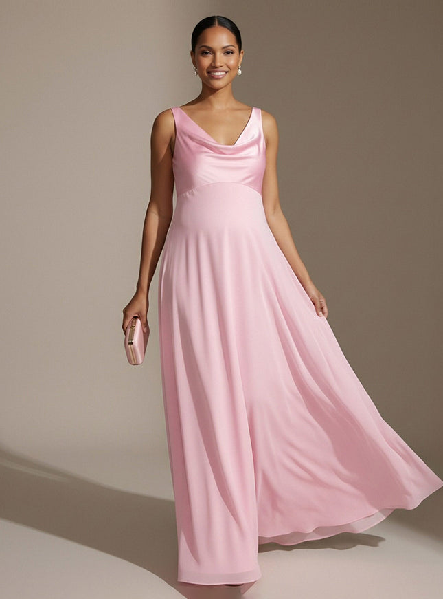 A Line Cowl Neck Satin Sleeveless Wedding Guest Dresses