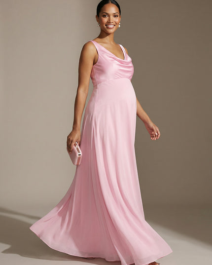 A Line Cowl Neck Satin Sleeveless Wedding Guest Dresses