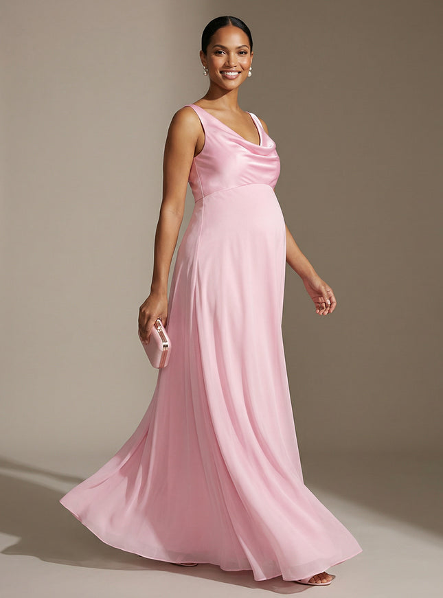 A Line Cowl Neck Satin Sleeveless Wedding Guest Dresses