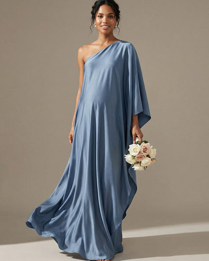 A Line Satin One Shoulder Maxi Dresses with Slit