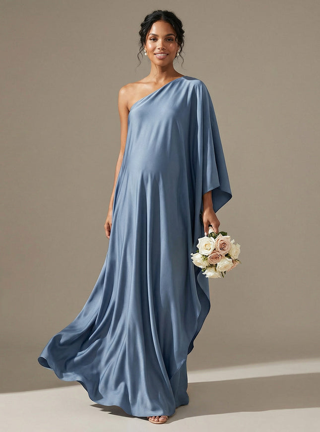 A Line Satin One Shoulder Maxi Dresses with Slit