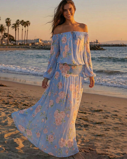 Floral Off the Shoulder A Line Chiffon Maxi Dresses