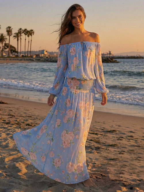 Floral Off the Shoulder A Line Chiffon Maxi Dresses