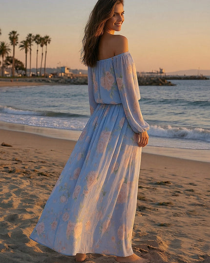 Floral Off the Shoulder A Line Chiffon Maxi Dresses