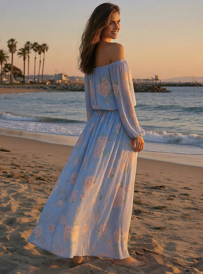 Floral Off the Shoulder A Line Chiffon Maxi Dresses