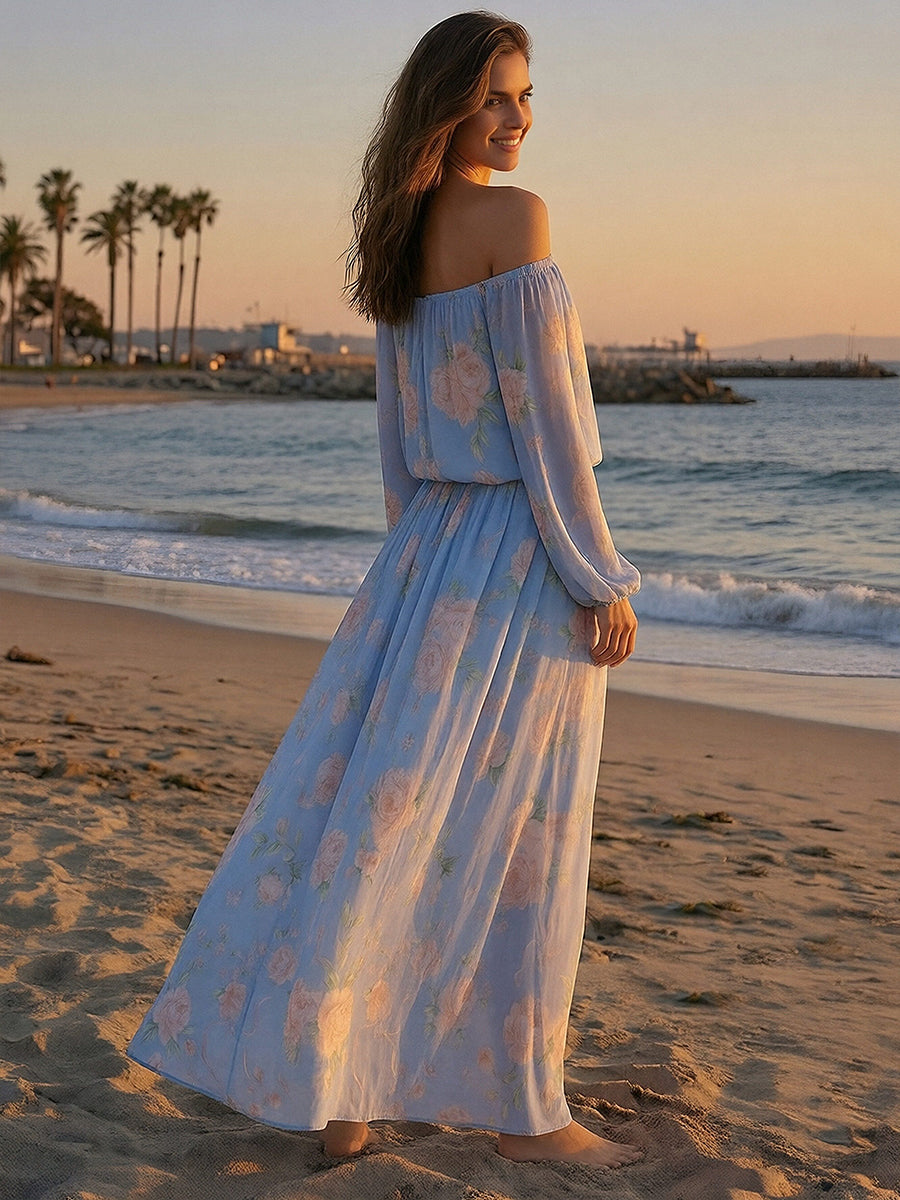 Floral Off the Shoulder A Line Chiffon Maxi Dresses