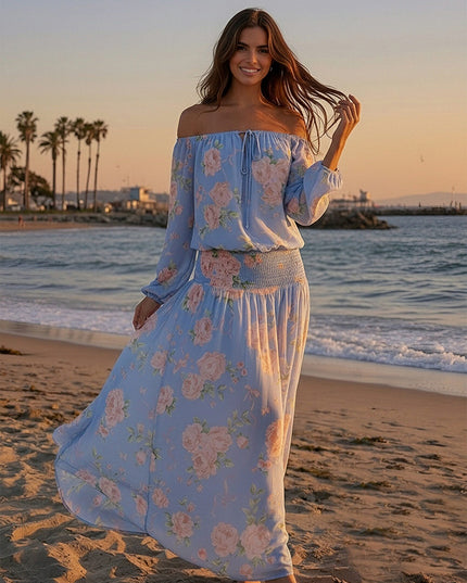 Floral Off the Shoulder A Line Chiffon Maxi Dresses