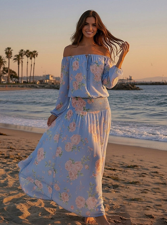Floral Off the Shoulder A Line Chiffon Maxi Dresses