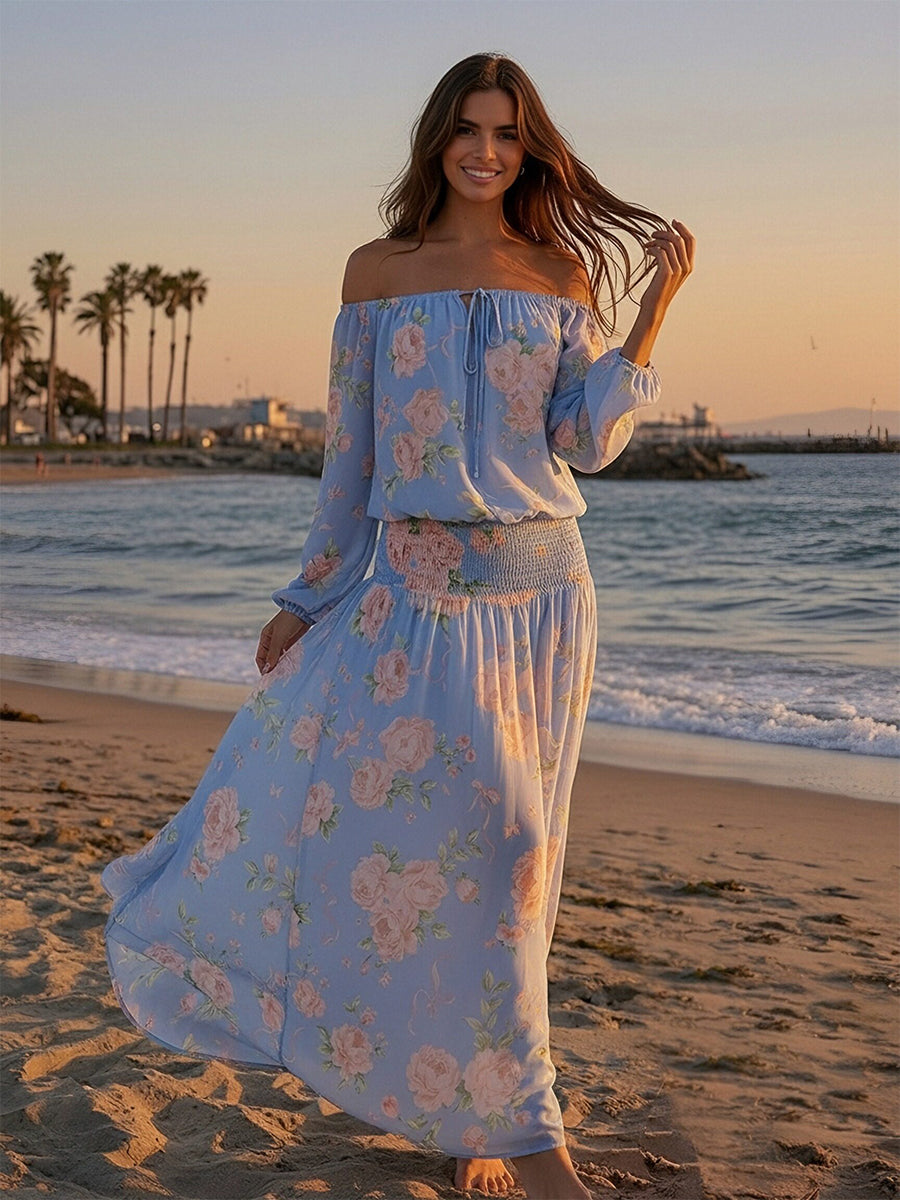 Floral Off the Shoulder A Line Chiffon Maxi Formal Dresses