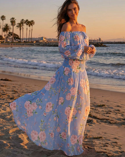 Floral Off the Shoulder A Line Chiffon Maxi Dresses