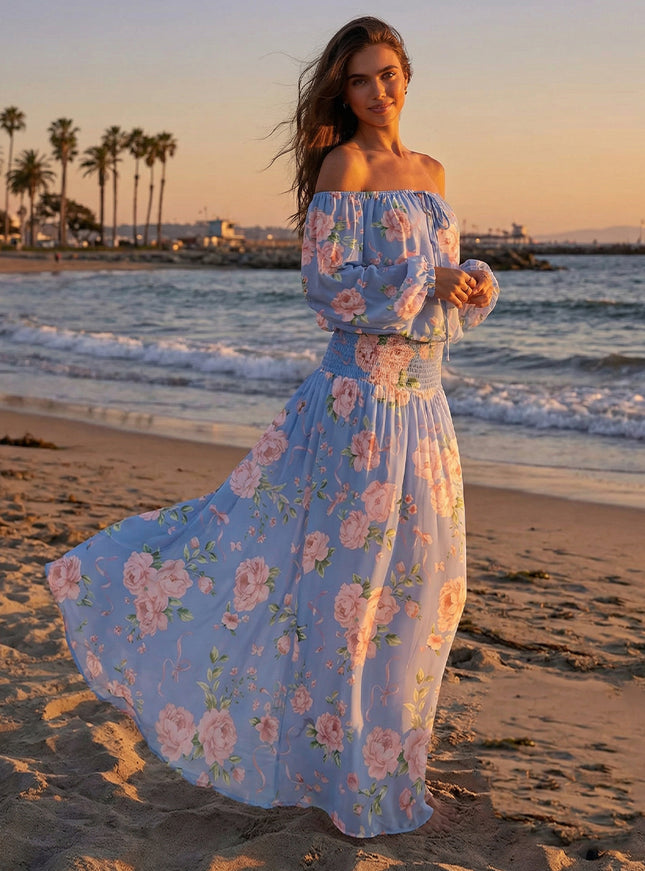 Floral Off the Shoulder A Line Chiffon Maxi Dresses